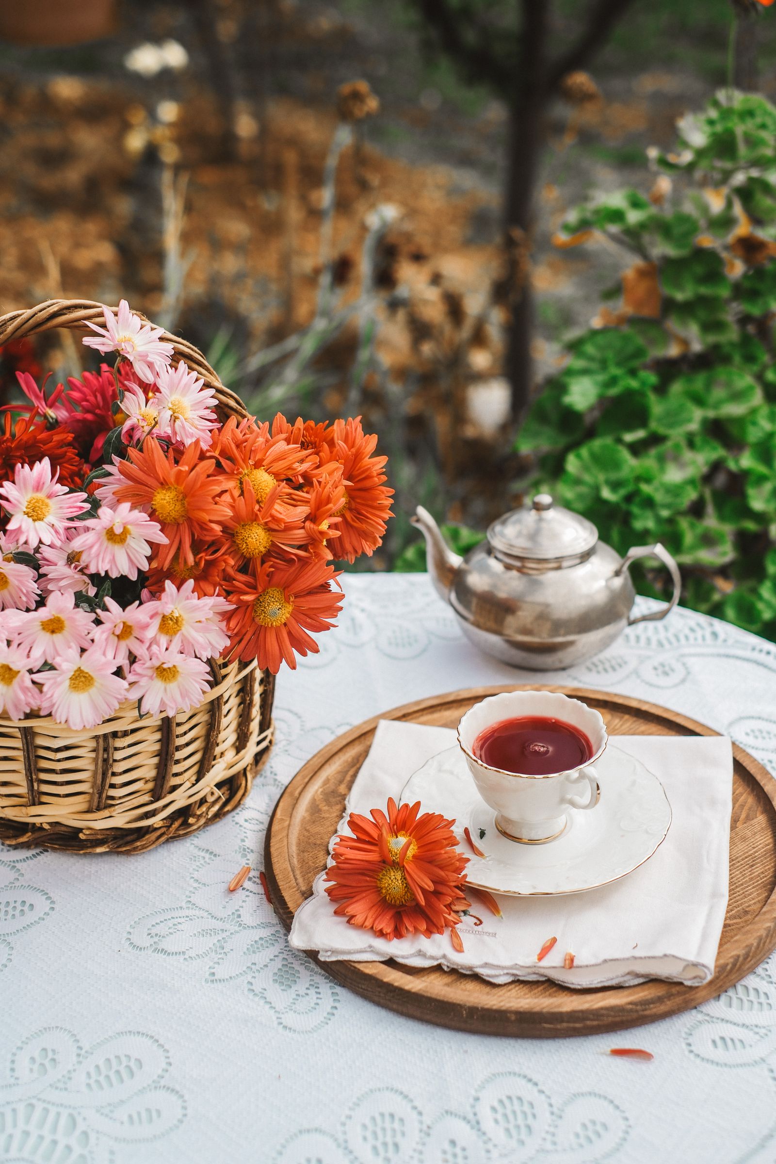 A table set outdoors in a garden